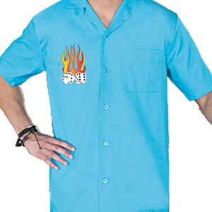 Flaming Dice Classic Retro Bowling Shirt Vintage Bowler Closeout in multiple colors Includes Embroidered Name 235 turquoise