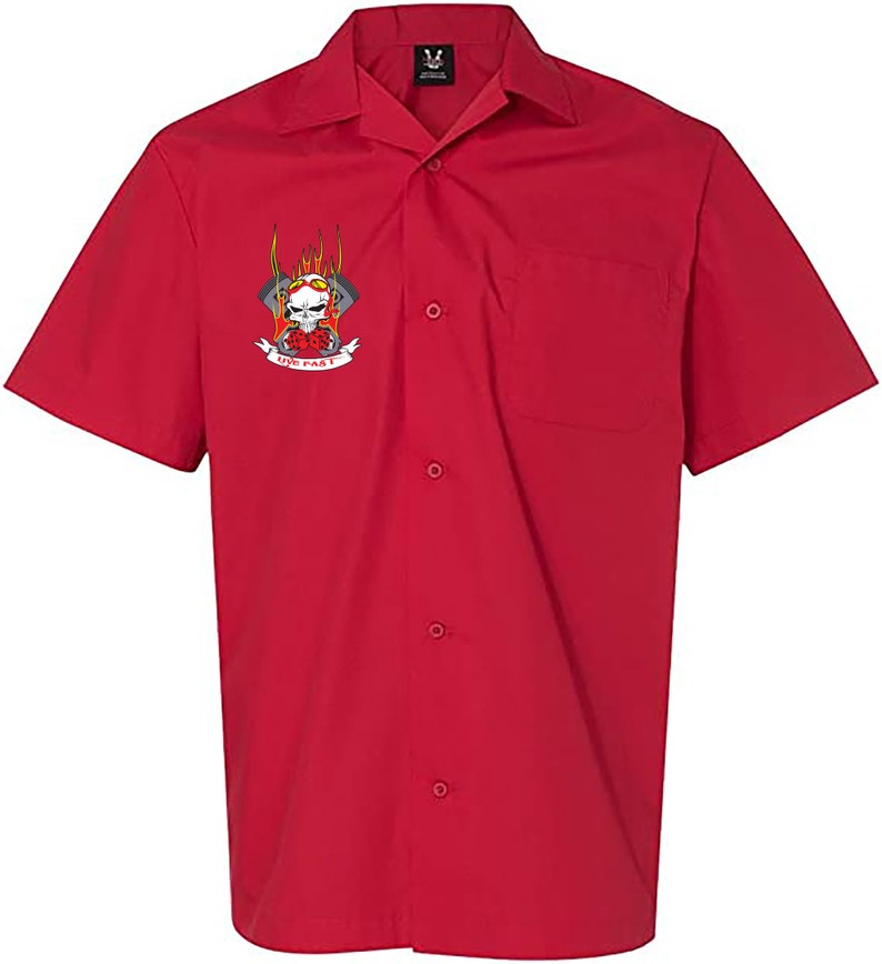 Flaming Pistons Classic Retro Bowling Shirt Vintage Bowler Closeout in multiple colors Includes Embroidered Name 237 red