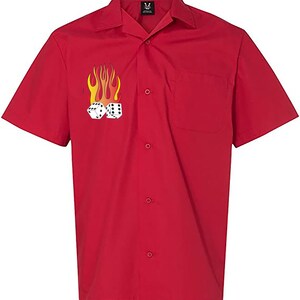 Flaming Dice Classic Retro Bowling Shirt Vintage Bowler Closeout in multiple colors Includes Embroidered Name 235 red