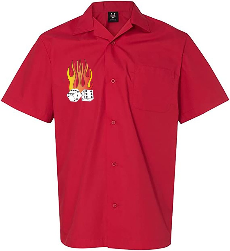 Flaming Dice Classic Retro Bowling Shirt Vintage Bowler Closeout in multiple colors Includes Embroidered Name 235 red