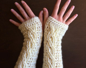 Crochet Fingerless Glove Pattern - Fireside Fingerless Gloves - Cable Crochet Wrist Warmer, Arm Warmer Tutorial - Instant Download!