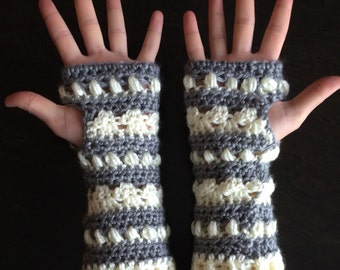 Cabin Nights Fingerless Gloves - Cozy, Handmade Fingerless Gloves in Cream and Heather Grey - Ready to Ship!