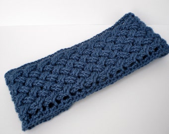 Blue Crochet Earwarmer - November Frost Earwarmer - Handmade, Adjustable Earwarmers with Wooden Buttons in "Storm Blue" - READY TO SHIP!