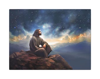 May include: An artistic depiction of a person with long hair and a beard, wearing a long robe, seated on a rocky outcrop. The background features a starry night sky with clouds and a mountain range.