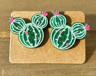 Mouse Glitter Cactus Stud Earrings-Mickey Cactus Earrings-Cactus Earrings-Disney Inspired-Mickey Cactus Earrings-Disney Bound Earrings