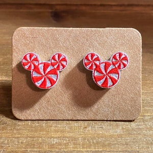 Peppermint Mouse Glitter Earrings-Mickey Christmas Earrings-Peppermint Mickey Earrings-Peppermint Holiday Earrings-Disney Holiday Inspired