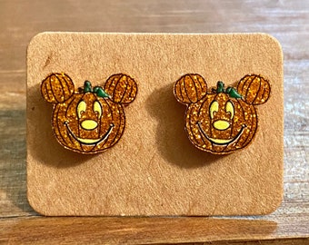 Pumpkin Mouse Glitter Earrings-Boo To You-Mickey Halloween Earrings-Pumpkin Mickey Earrings-Pumpkin Halloween Earrings