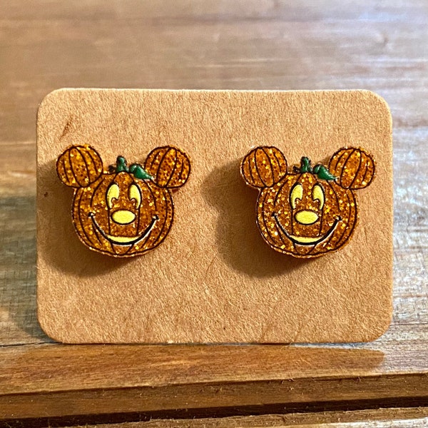 Pumpkin Mouse Glitter Earrings-Boo To You-Mickey Halloween Earrings-Pumpkin Mickey Earrings-Pumpkin Halloween Earrings
