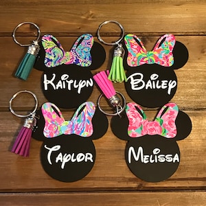 Personalized Tropical Inspired Floral Print Minnie Mouse Inspired Tassel Keychain-Choose your tassel and bow color-Mouse-Disney Inspired