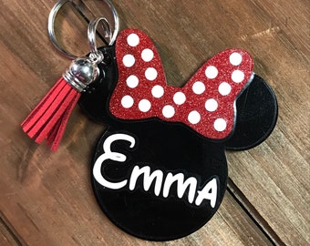 Personalized Red Polka Dot Glitter Minnie Mouse Inspired Tassel Keychain