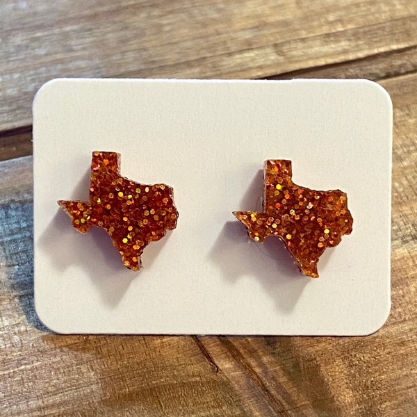 Burnt Orange Glitter Mini Texas Stud Earrings-University of Texas Earrings-Mini Texas Earrings-Mini UT Texas Earrings-University of Texas