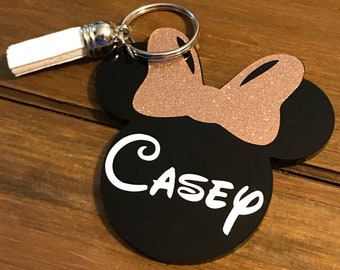 Personalized Rose Gold Glitter Minnie Mouse Inspired Tassel Keychain