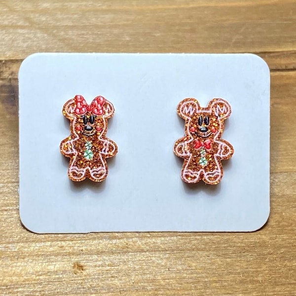 Gingerbread Mouse Glitter Earrings- Gingerbread Mickey Earrings-Gingerbread Minnie Earrings-Christmas Earrings-Disney Holiday Earrings