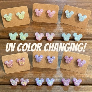 Color Changing Mouse Stud Earrings-Mickey Color Changing Earrings-Mickey Inspired Earrings-Glitter Mickey Earrings