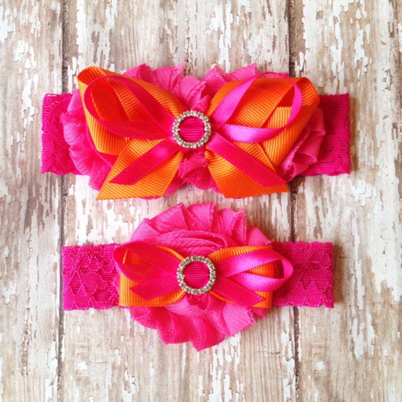 Pink and Orange Garter Set Bright Pink and Orange Wedding Garters Bridal Garter and Toss Garter