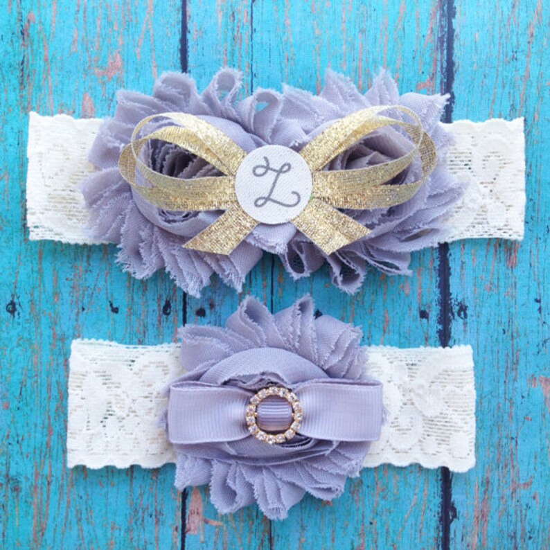 Customize Your Colors and Gold Personalized Wedding Garters Bridal and Toss Garter Grey Ivory Initial Canvas Wedding Garters