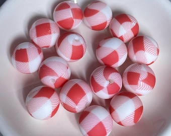 Red Plaid Silicone Beads (set of 15) | 16 mm, Beadable Pens, Keychains, Bookmarks, Badge Reels, Jewelry