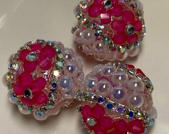 Fancy Pink Flower Beads (set of 3) | Beadable Pens, Keychains, Bookmarks, Badge Reels, Jewelry
