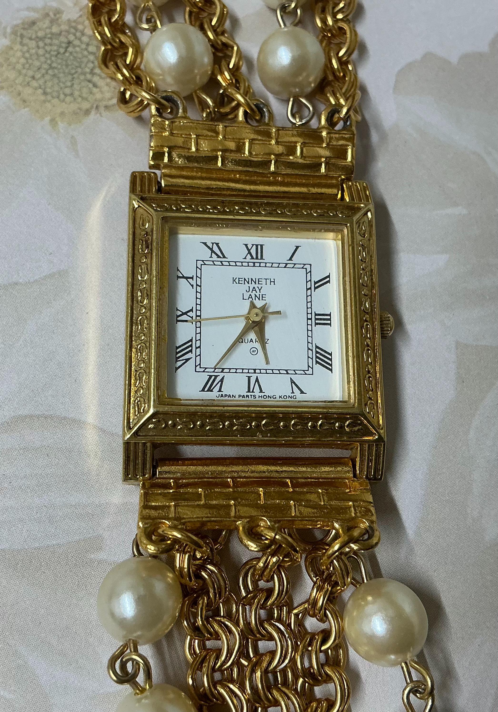 VINTAGE KENNETH J LANE DETACHABLE PEARLS GOLD TONE WATCH