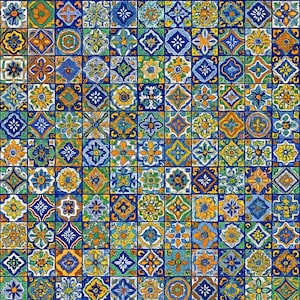 Puede incluir: Un vibrante patrón de baldosas cuadradas con un mosaico de diseños coloridos. Cada baldosa muestra intrincados patrones florales y geométricos en tonos de azul, amarillo, verde y naranja, sobre un fondo azul oscuro. El efecto general es un diseño visualmente rico y decorativo.