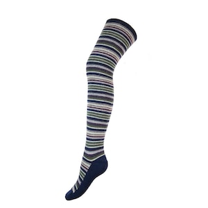 May include: Striped knee-high socks in shades of blue, green, and purple. The socks have a dark blue toe and heel.