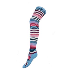 Peut inclure: Chaussettes rayées jusqu'au genou en bleu, rose, blanc et violet.