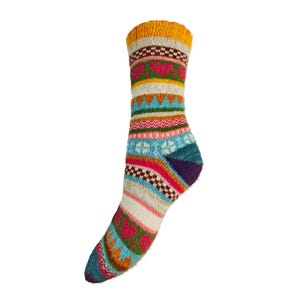 Multi coloured, orange cuff, Scandi patterned Cosy socks