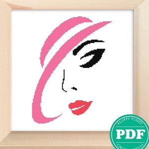 Lady In A Pink Hat Cross Stitch Pattern Elegant Girl Silhouette Embroidery Simple Counted Chart PDF - PATTERN ONLY