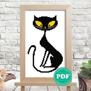 Funny Black Cat, Animal Silhouette Pattern, Cross Stitch Pattern, Black Cat Silhouette, Monochrome Silhouette, PDF - PATTERN ONLY