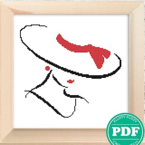 Lady In A Hat Cross Stitch Pattern Elegant Fashion Silhouette Embroidery Black and red Monochrome Counted Chart PDF - PATTERN ONLY