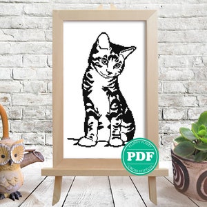 Simples gatinho ponto cruz padrão preto monocromático gato silhueta iniciantes animal bordado design brincalhão retro contado pdf gráfico