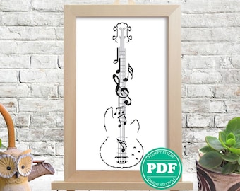 May include: A black and white cross stitch pattern of a bass guitar with musical notes. The pattern is framed and displayed on an easel. The image includes the text "Fluffy Fuzzy PDF Cross Stitch".