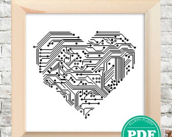 Hi-Tech Heart Cross Stitch Pattern, Black and White Crossstitch Pattern, Modern Cross Stitch Pattern, Simple Cross Stitch for Beginners