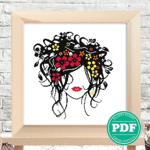 Spring Lady Silhouette Pattern Cross Stitch Abstract Counted Chart Elegant Woman Flower Girl Blossoms in the hair People Embroidery PDF