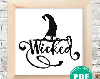 May include: Black and white cross stitch pattern of a witch's hat with the word "Wicked" in a cursive font.