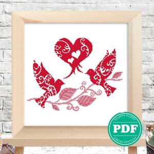 Love Birds Cross Stitch Silhouette Pattern, Red Heart Silhouette Pattern, Wedding Cross Stitch Pattern, Doves Love, PDF - PATTERN ONLY