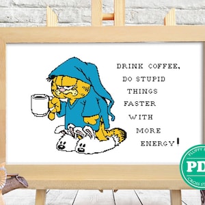 Morning Cat and Coffee Cross Stitch Counted Pattern Funny Animal Embroidery Design Whimsical  Handmade Wall Art Idea Cute Home Decoration