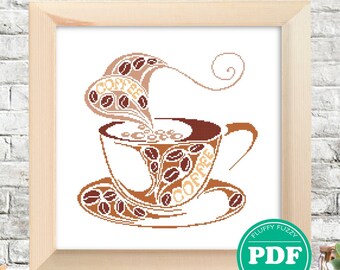 Coffee Cup Cross Stitch Pattern Drink Embroidery Design Kitchen Wall Art PDF Counted Chart Simple Beginners Design Easy To Make Home Decor