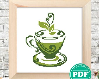 Cup of Green Tea Silhouette, Tea Cup Silhouette Pattern, Cross Stitch Pattern, Silhouettes, PDF - PATTERN ONLY