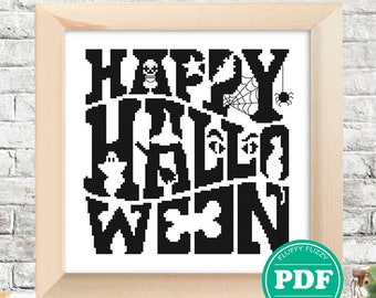 Happy Halloween Silhouette Pattern, Cross Stitch Witch Pattern, Bones, Ghost, Spider Net, Bat, Black Cat Silhouettes, PDF - PATTERN ONLY