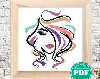 Colorful Lady Cross Stitch Pattern Beauty Studio Artwork Elegant Girl Silhouette Crossstitch Woman Pattern People PDF instant download