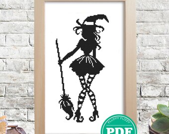 Funny Witch Halloween Silhouette Pattern, Cross Stitch Witch Pattern, Witch with Broom Pattern, Black Silhouettes, PDF - PATTERN ONLY