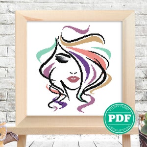 Colorful Lady Cross Stitch Pattern Beauty Studio Artwork Elegant Girl Silhouette Crossstitch Woman Pattern People PDF instant download