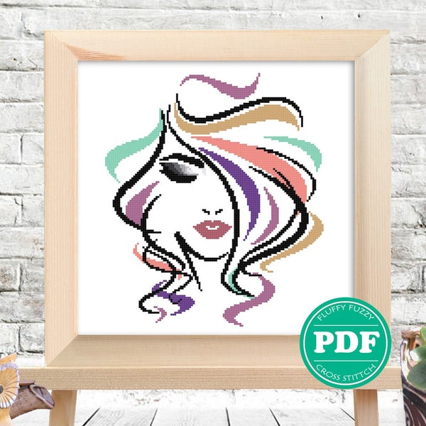 Colorful Lady Cross Stitch Pattern Beauty Studio Artwork Elegant Girl Silhouette Crossstitch Woman Pattern People PDF instant download