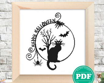 Halloween Cat Silhouette, Cross Stitch Animal Pattern, Bat and Spider Pattern, Black and White, Monochrome Silhouettes, PDF - PATTERN ONLY