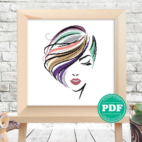 Lady With Colorful Hair Cross Stitch Pattern Elegant Girl Silhouette Crossstitch Woman Pattern People Cross Stitch PDF instant download