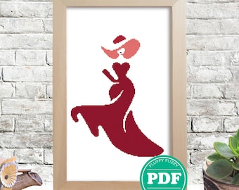 Lady in Red Silhouette, Cross Stitch Woman Pattern, People Embroidery, Black and Red, Elegant Cross Stitch, PDF - PATTERN ONLY