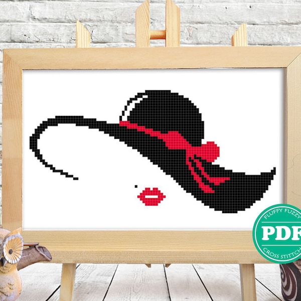 Lady in a Black Hat Cross Stitch Pattern, Girl Silhouette, Cross Stitch Woman Pattern, People Embroidery Silhouettes, PDF - PATTERN ONLY