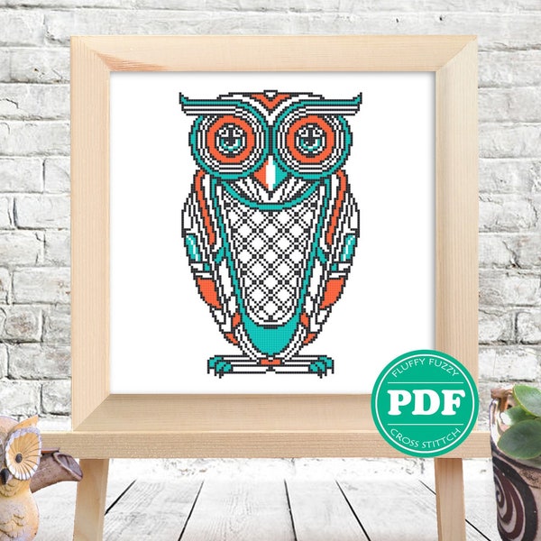 Art Deco Owl Cross Stitch Pattern Abstract Bird Counted Chart Art Nouveau Embroidery Needle Craft DIY Handmade Wall Art Unique Home Decor