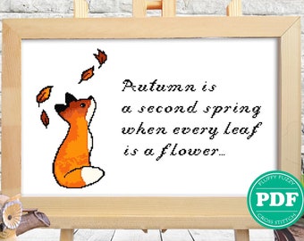 Zorro Hojas de Otoño, Patrón punto de cruz Animal Otoño, Patrón de bordado, Patrón motivacional, Letras, PDF - SOLO PATRÓN